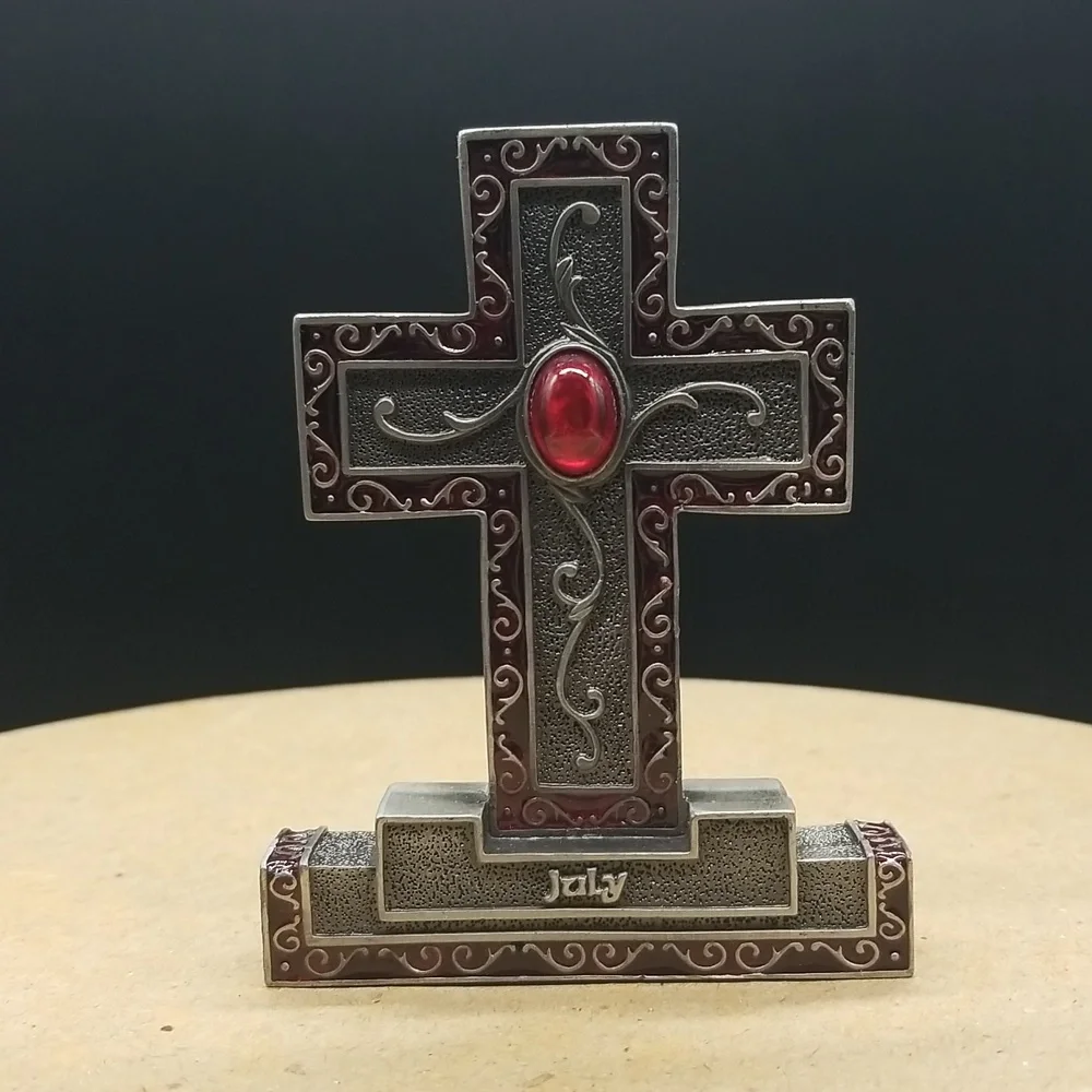 Ornate Pewter 2003 "July" Birthday Ruby Red Gemstone Standing Cross Statue - Picture 3 of 11